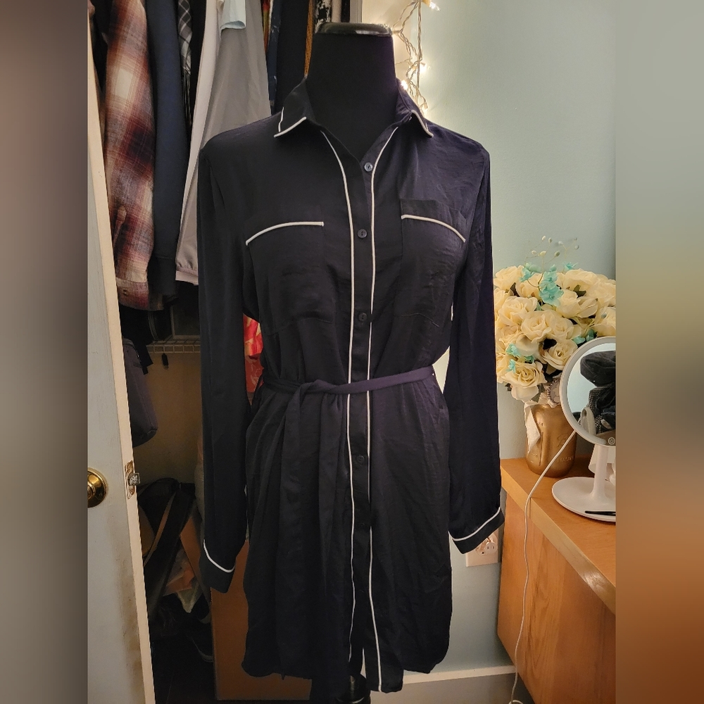 Sheer Button Up Tie Waist Forever 21 Navy Blue and White Dress